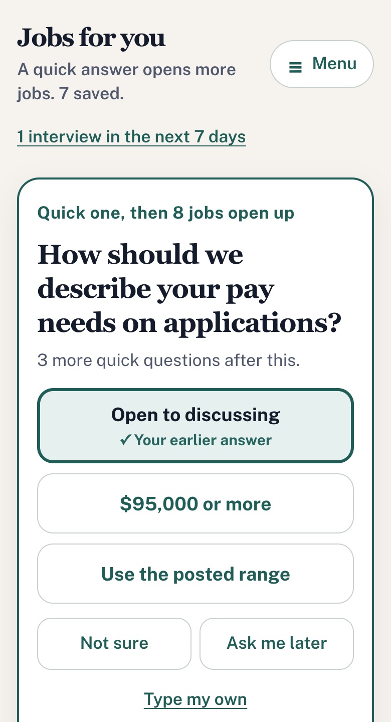 Career Ops screen asking one short question about pay, with simple answer buttons