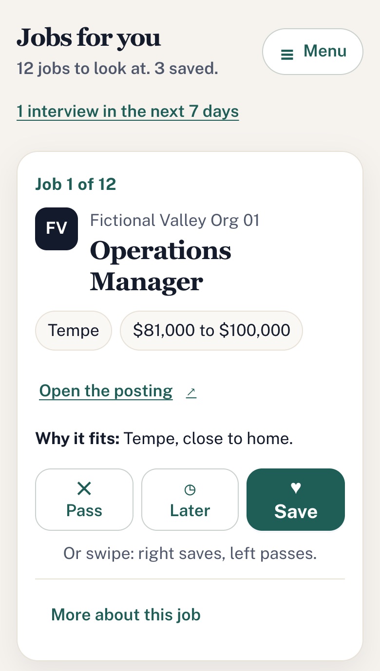 Career Ops job card on a phone: Operations Manager, Tempe, pay range, why it fits, and Pass, Later and Save buttons