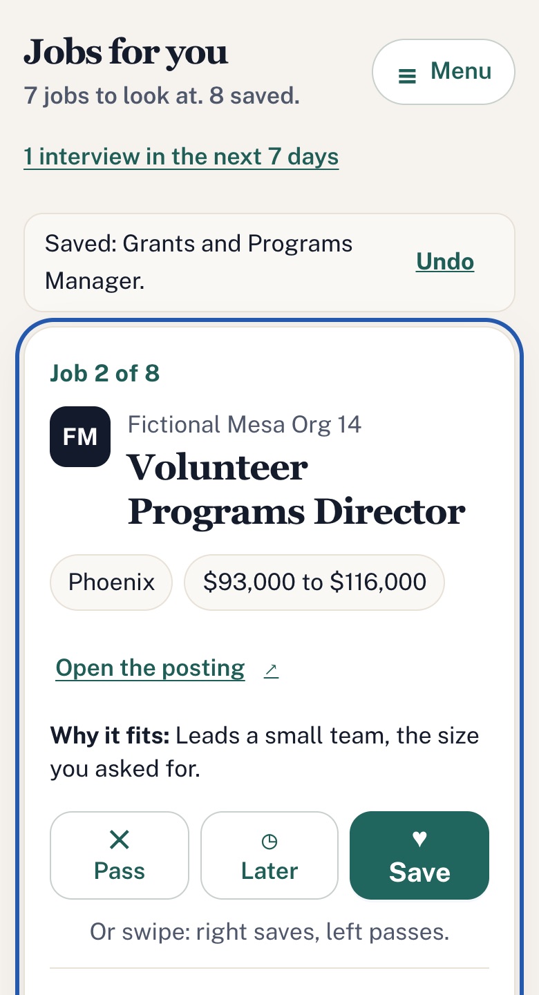 Career Ops screen confirming a saved job, with the next job card ready